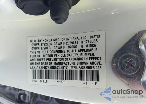 2013 Honda Civic Ex from USA, damaged, VIN 19XFB2F88DE233912